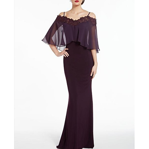 

Sheath / Column Mother of the Bride Dress See Through Straps Floor Length Chiffon Half Sleeve with Appliques 2021