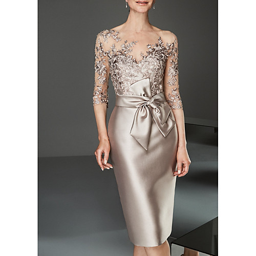 

Sheath / Column Mother of the Bride Dress Plus Size Elegant See Through Bateau Neck Knee Length Satin Tulle Half Sleeve with Beading Ruffles 2021