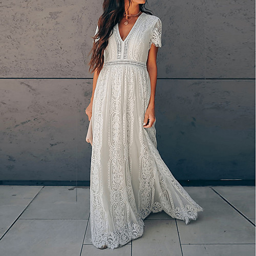 

Women's Swing Dress Maxi long Dress White Short Sleeve Solid Color Embroidered Lace Spring Summer Deep V Hot Elegant Party Holiday S M L XL