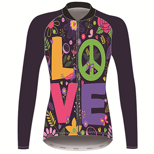

21Grams Peace & Love Women's Long Sleeve Cycling Jersey - Black / Green Bike Jersey Top Thermal Warm UV Resistant Anatomic Design Sports Winter Fleece 100% Polyester Mountain Bike MTB Road Bike