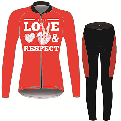 

21Grams Peace & Love Women's Long Sleeve Cycling Jersey with Tights - Black / Red Bike Clothing Suit Thermal Warm Anatomic Design Ultraviolet Resistant Sports Winter Fleece Terylene Polyester Taffeta