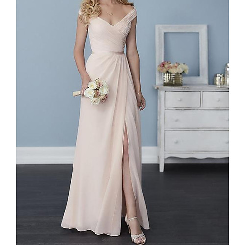 

A-Line Off Shoulder Floor Length Chiffon Bridesmaid Dress with Sash / Ribbon / Pleats / Split Front