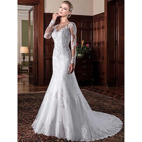 

Mermaid / Trumpet Wedding Dresses Jewel Neck Chapel Train Lace Tulle Lace Over Satin Long Sleeve Formal See-Through Sexy Beautiful Back with Lace Pearls 2021