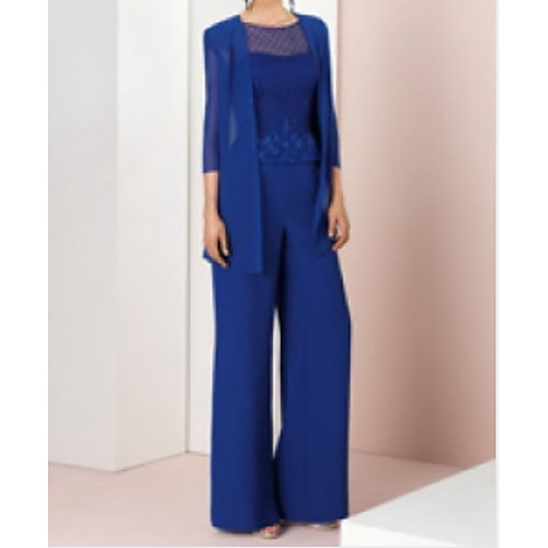 

Pantsuit / Jumpsuit Mother of the Bride Dress Wrap Included Jewel Neck Floor Length Chiffon Lace 3/4 Length Sleeve with Appliques 2021