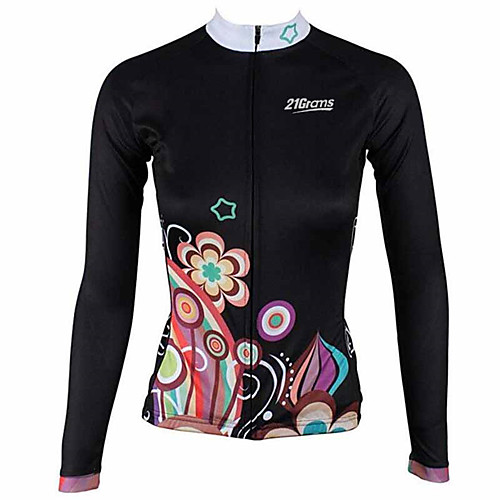 

21Grams Floral Botanical Women's Long Sleeve Cycling Jersey - Black / Red Bike Jersey Top Thermal Warm UV Resistant Anatomic Design Sports Winter Fleece 100% Polyester Mountain Bike MTB Road Bike