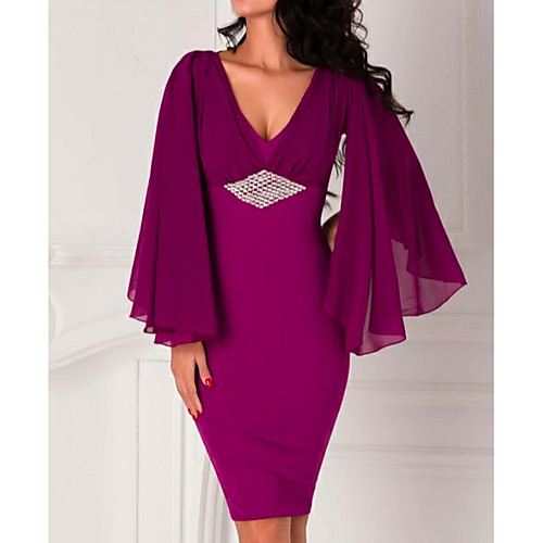 

Sheath / Column Beautiful Back Holiday Cocktail Party Dress Plunging Neck Long Sleeve Knee Length Chiffon with Beading 2021