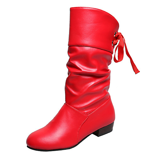 

Women's Boots Block Heel Round Toe Mid Calf Boots Casual Daily PU Bowknot Solid Colored Red White Black / Mid-Calf Boots