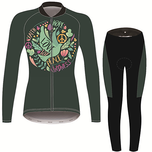 

21Grams Peace & Love Women's Long Sleeve Cycling Jersey with Tights - Black Bike Clothing Suit Thermal Warm Anatomic Design Ultraviolet Resistant Sports Winter Fleece Terylene Polyester Taffeta