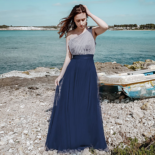 

A-Line Elegant Sparkle & Shine Prom Dress One Shoulder Sleeveless Floor Length Tulle Sequined with Sequin 2021