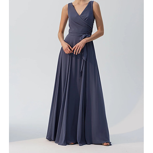 

A-Line V Neck Floor Length Chiffon Bridesmaid Dress with Sash / Ribbon / Pleats