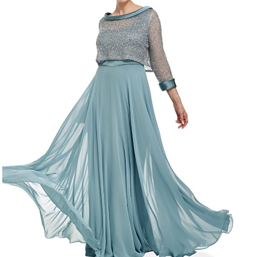 

A-Line Mother of the Bride Dress Wrap Included Scoop Neck Floor Length Chiffon Lace 3/4 Length Sleeve with Lace Crystals Ruching 2021