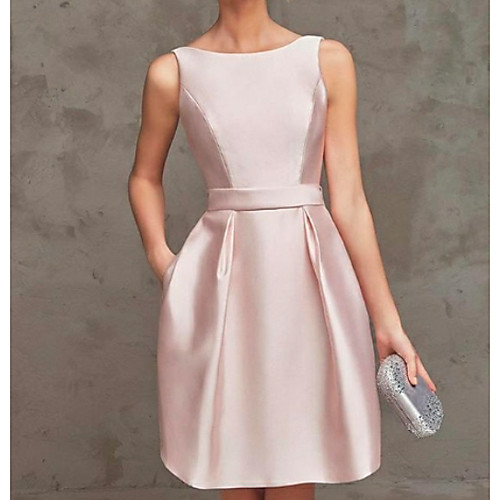 

A-Line Minimalist Graduation Cocktail Party Dress Boat Neck Sleeveless Short / Mini Satin with Pleats 2021