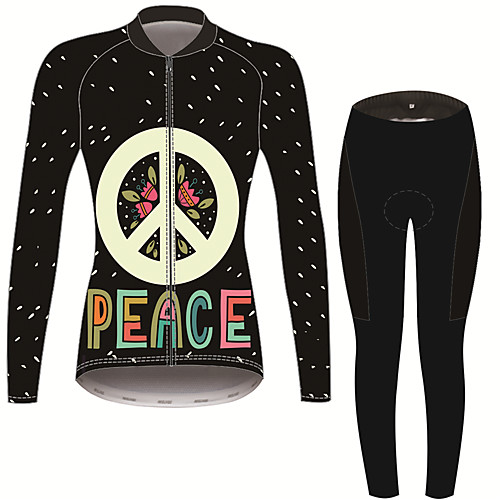 

21Grams Peace Sign Women's Long Sleeve Cycling Jersey with Tights - BlackWhite Bike Clothing Suit Thermal Warm Anatomic Design Ultraviolet Resistant Sports Winter Fleece Terylene Polyester Taffeta