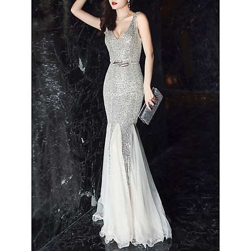 

Mermaid / Trumpet Elegant & Luxurious Sexy Formal Evening Dress Plunging Neck Sleeveless Sweep / Brush Train Tulle Sequined with Sash / Ribbon Sequin 2021