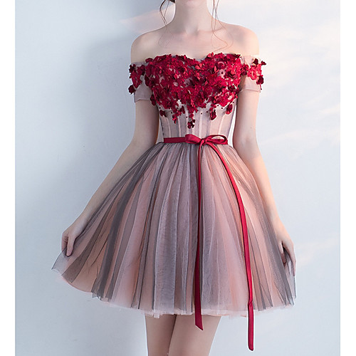 

A-Line Floral Homecoming Cocktail Party Valentine's Day Dress Off Shoulder Short Sleeve Short / Mini Tulle with Bow(s) Appliques 2021