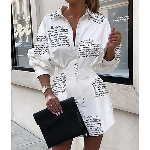 

Women's A Line Dress Short Mini Dress Black / White 1101 white White Black Red Golden / White Long Sleeve Letter Shirt Collar Hot Elegant S M L XL