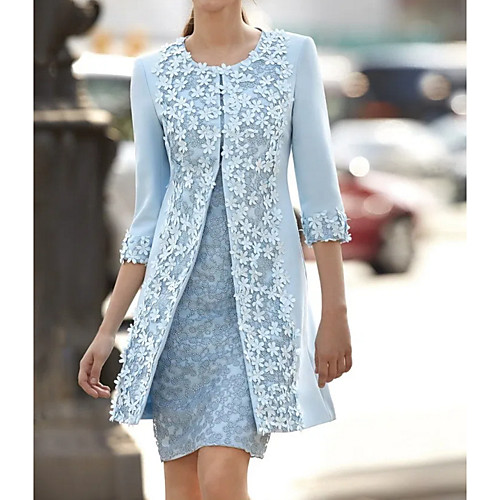 

Women's Two Piece Dress Short Mini Dress Blue 3/4 Length Sleeve Solid Colored Round Neck M L XL XXL 3XL