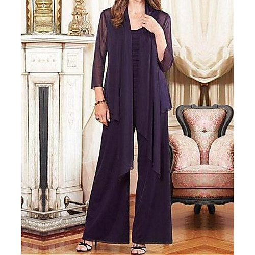 

Two Piece Pantsuit / Jumpsuit Mother of the Bride Dress Wrap Included Jewel Neck Floor Length Chiffon Long Sleeve with Draping 2021