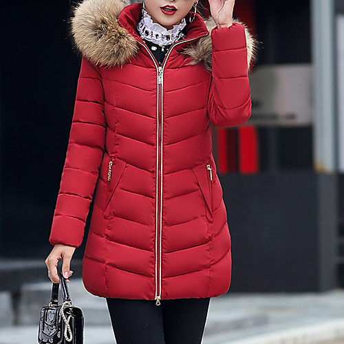 

Women's Padded Outdoor clothing Fall Winter Long Coat Regular Fit Chic & Modern Elegant & Luxurious Jacket Long Sleeve Solid Colored Zipper Wine Army Green / Plus Size / Removable Hood / Lined