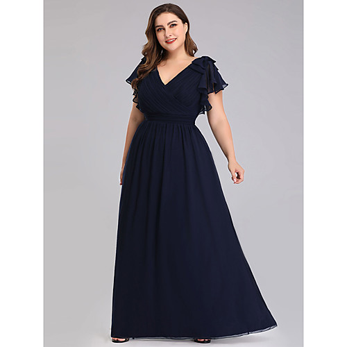 

A-Line Mother of the Bride Dress Plus Size V Neck Floor Length Chiffon Short Sleeve with Ruffles Ruching 2021 / Petal Sleeve