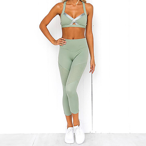

Women's 2pcs Yoga Suit Summer Solid Color Green Yoga Fitness Gym Workout High Waist Cropped Leggings Bra Top Clothing Suit Sleeveless Sport Activewear Butt Lift Quick Dry Moisture Wicking Breathable