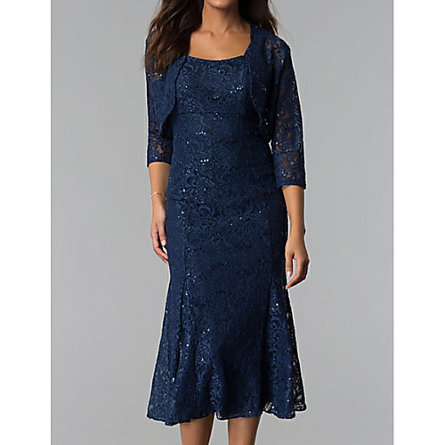 

Mermaid / Trumpet Mother of the Bride Dress Plus Size Sexy Square Neck Tea Length Lace 3/4 Length Sleeve with Crystals 2021