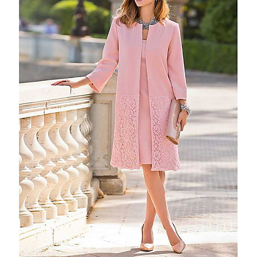 

Women's Two Piece Dress Blushing Pink Long Sleeve Solid Colored Lace Round Neck Elegant Slim M XL XXL 3XL / Chiffon