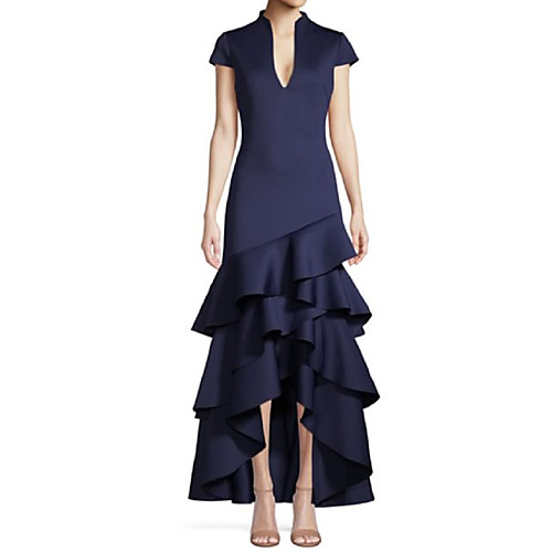 

A-Line Mother of the Bride Dress Elegant & Luxurious Plunging Neck Asymmetrical Satin Short Sleeve with Tier Cascading Ruffles 2021