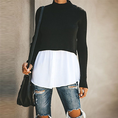 

Women's Color Block Pullover Long Sleeve Loose Sweater Cardigans Round Neck Fall Winter Black Khaki