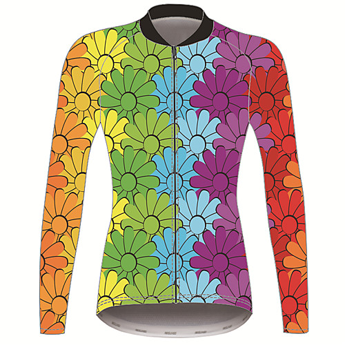 

21Grams Floral Botanical Women's Long Sleeve Cycling Jersey - BlueYellow Bike Jersey Top Thermal Warm UV Resistant Anatomic Design Sports Winter Fleece 100% Polyester Mountain Bike MTB Road Bike