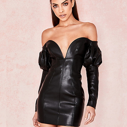 

Women's Mini Bodycon Dress - Long Sleeve Solid Colored Off Shoulder Elegant Slim Black S M L