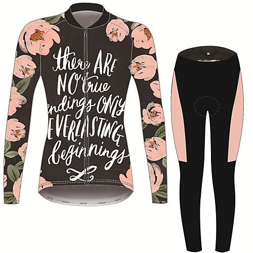 

21Grams Floral Botanical Women's Long Sleeve Cycling Jersey with Tights - Black / Orange Bike Clothing Suit Thermal Warm Anatomic Design Ultraviolet Resistant Sports Winter Fleece Terylene Polyester