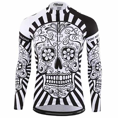

21Grams Sugar Skull Men's Long Sleeve Cycling Jersey - BlackWhite Bike Jersey Top Thermal Warm UV Resistant Anatomic Design Sports Winter Summer 100% Polyester Mountain Bike MTB Road Bike Cycling