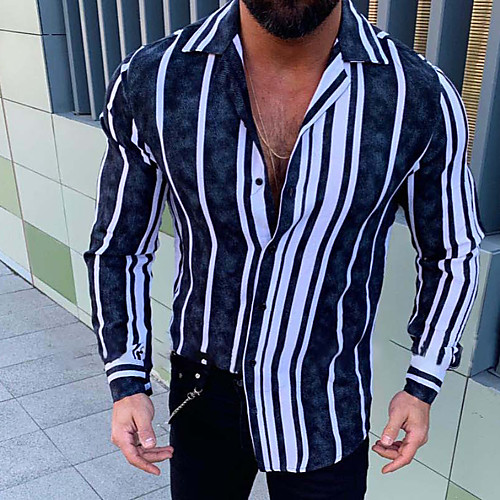 

Men's Shirt Striped Long Sleeve Daily Tops Basic Black Khaki