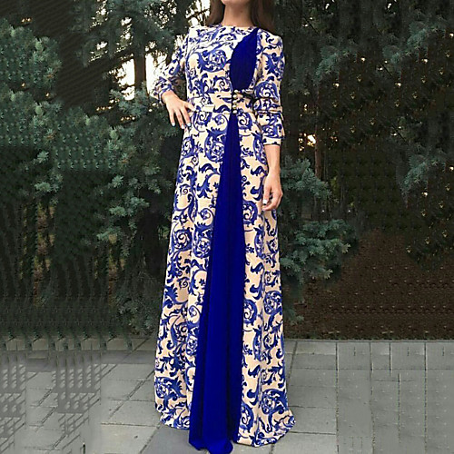 

Women's Maxi long Dress Blue Black Red Brown 3/4 Length Sleeve Paisley Patchwork Print Fall Winter Round Neck Hot Elegant S M L XL XXL 3XL 4XL 5XL / Plus Size / Plus Size
