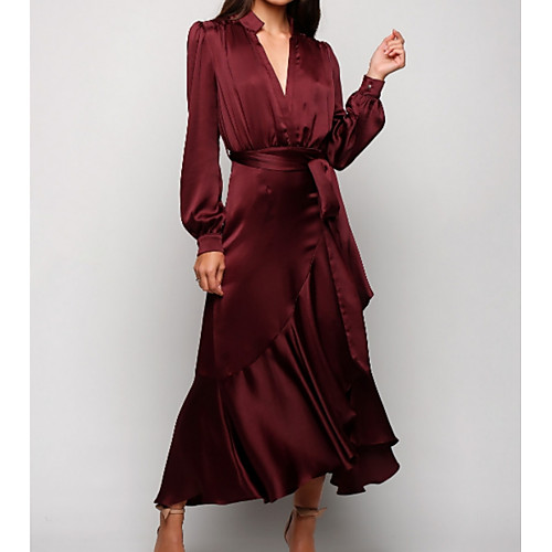 

A-Line Mother of the Bride Dress Plus Size V Neck Ankle Length Satin Long Sleeve with Sash / Ribbon Ruching 2021
