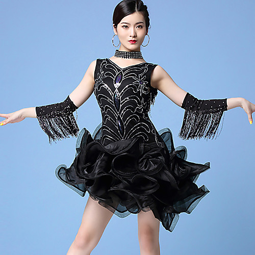 

Latin Dance Dress Tassel Cascading Ruffles Paillette Women's Training Performance Sleeveless Natural Mesh Sequined