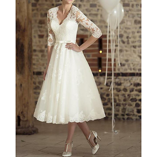 

A-Line Wedding Dresses V Neck Tea Length Lace Tulle Half Sleeve Vintage Little White Dress 1950s Illusion Sleeve with 2021