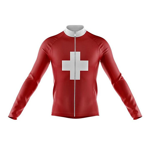 

21Grams Switzerland Denmark National Flag Men's Long Sleeve Cycling Jersey - Red Bike Jersey Top Thermal Warm UV Resistant Anatomic Design Sports Winter Summer Fleece 100% Polyester Mountain Bike MTB