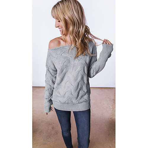 

Women's Basic Knitted Solid Color Plain Pullover Acrylic Fibers Long Sleeve Sweater Cardigans Off Shoulder Fall Winter White Blushing Pink Dusty Rose