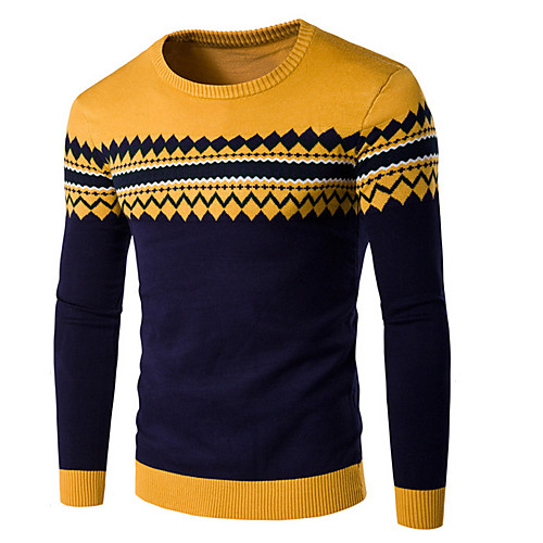

Men's Striped Pullover Long Sleeve Sweater Cardigans Round Neck Blue Yellow Wine