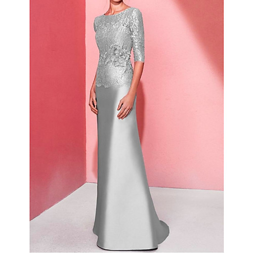 

A-Line Minimalist Formal Evening Dress Jewel Neck Half Sleeve Sweep / Brush Train Lace Satin with Lace Insert 2021