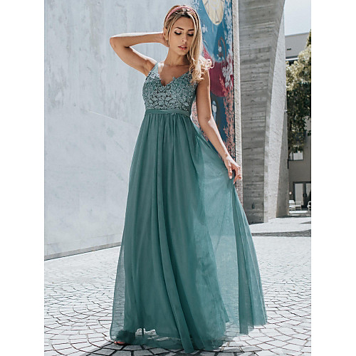 

A-Line Empire Holiday Prom Dress V Neck Sleeveless Floor Length Chiffon Lace with Appliques 2021