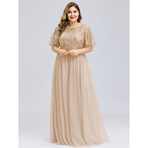 

A-Line Plus Size Prom Formal Evening Dress Jewel Neck Short Sleeve Floor Length Chiffon Lace with Appliques 2021