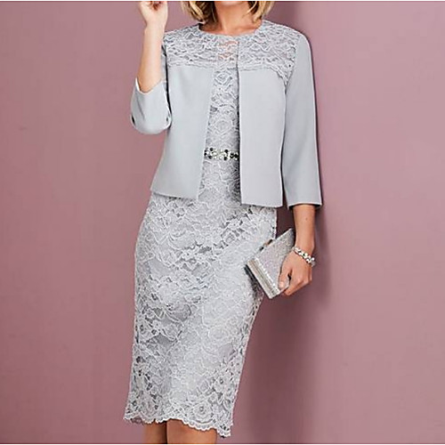 

Two Piece A-Line Mother of the Bride Dress Wrap Included Jewel Neck Knee Length Lace Long Sleeve with Lace 2021