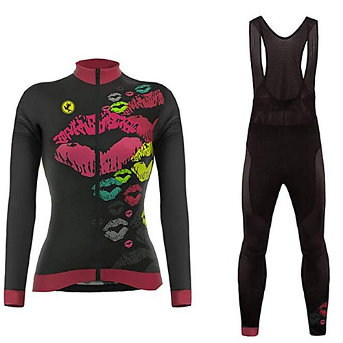 

21Grams Women's Long Sleeve Cycling Jersey with Bib Tights Winter Fleece Violet RedBlack Green Lip Print Bike Clothing Suit Thermal / Warm Breathable Quick Dry Anatomic Design Ultraviolet Resistant