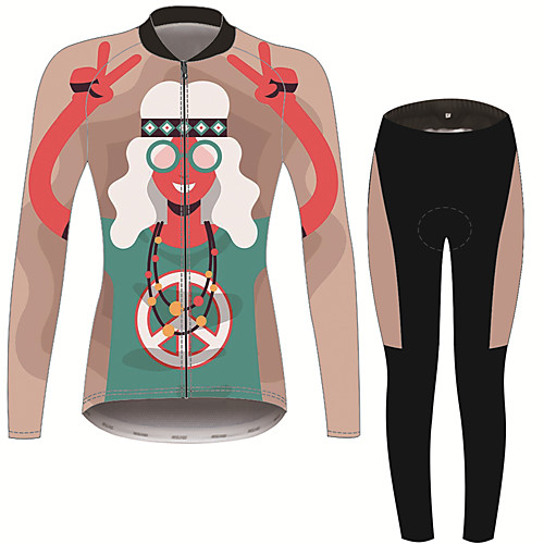 

21Grams Hippie Peace & Love Women's Long Sleeve Cycling Jersey with Tights - BrownGray Bike Clothing Suit Thermal Warm Anatomic Design Ultraviolet Resistant Sports Winter Fleece Terylene Polyester