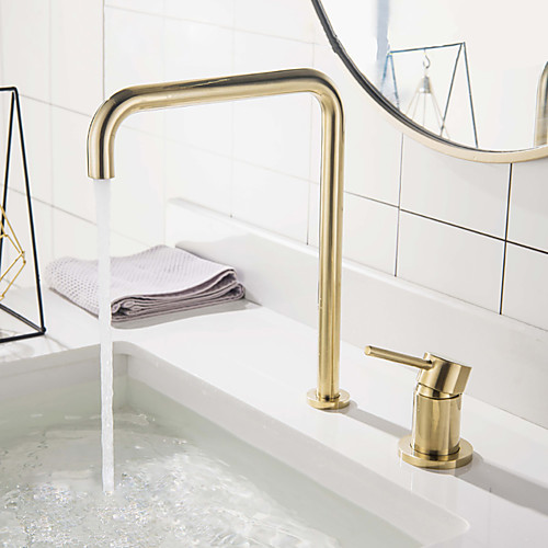 

Copper Bathroom Sink Faucet,Widespread Brushed Gold Rotatable Single Handle Two Holes Bath Taps with Hot and Cold Switch