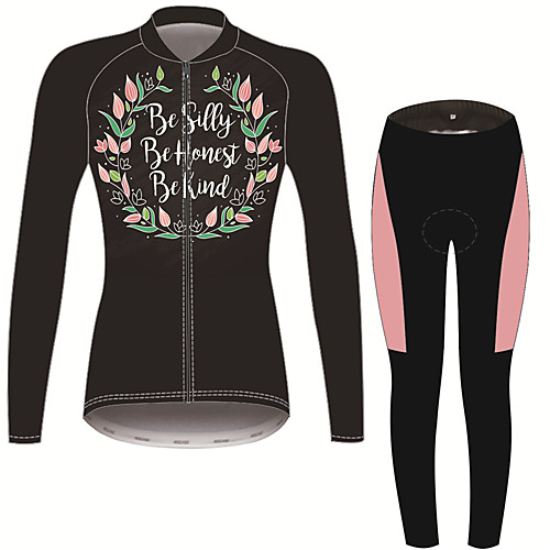 

21Grams Floral Botanical Women's Long Sleeve Cycling Jersey with Tights - Black / Orange Bike Clothing Suit Thermal Warm Anatomic Design Ultraviolet Resistant Sports Winter Fleece Terylene Polyester