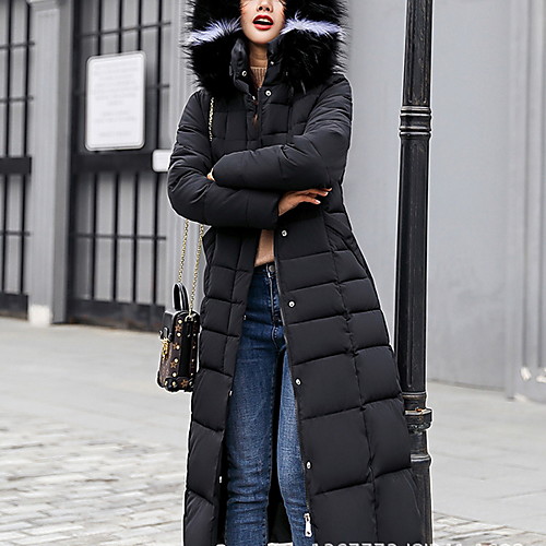 

Women's Down Daily Wear Fall Winter Long Coat Regular Fit Elegant & Luxurious Jacket Long Sleeve Solid Colored Fur Trim Gray Black / Removable Hood / Slim